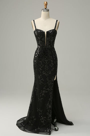 Mermaid Spaghetti Straps Black Sequins Long Ball Dress with Split Front